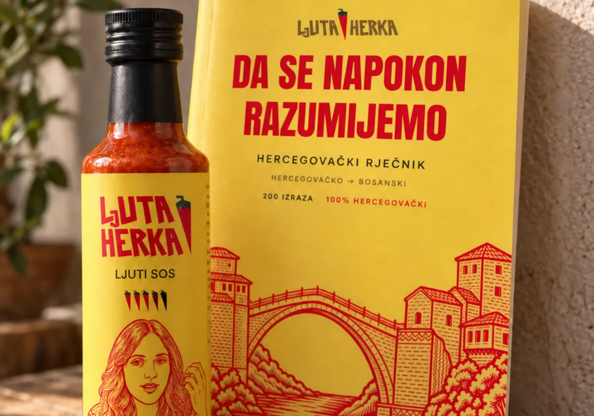Ljuta Herka bottle next to the Herzegovinian dictionary