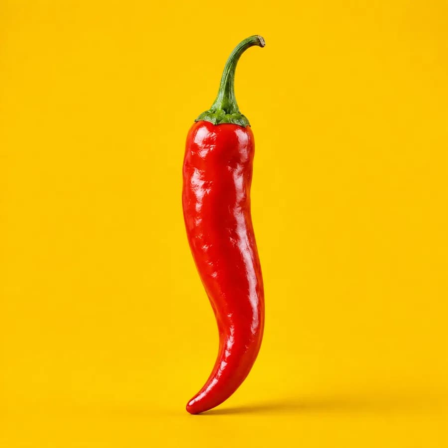 Single red chili pepper on yellow