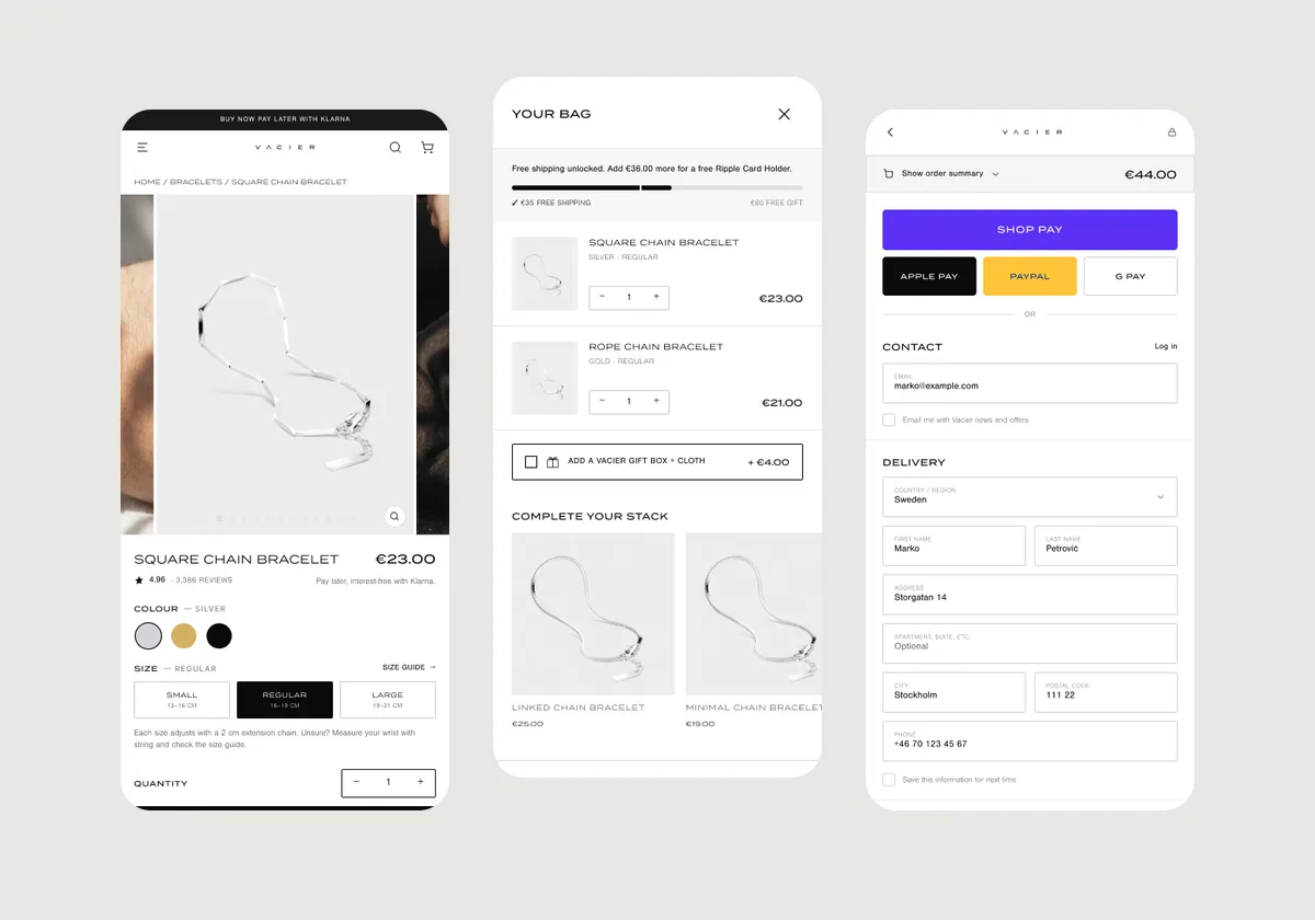 Vacier product page, cart and checkout on mobile