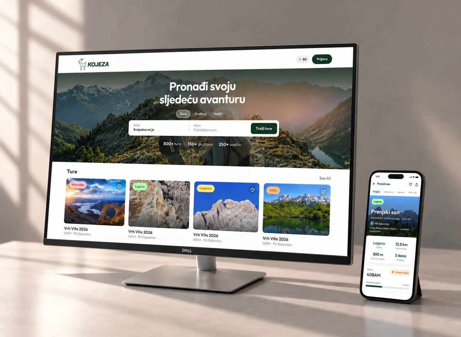 Kojeza on a desktop monitor and a phone: tour search over a mountain photo
