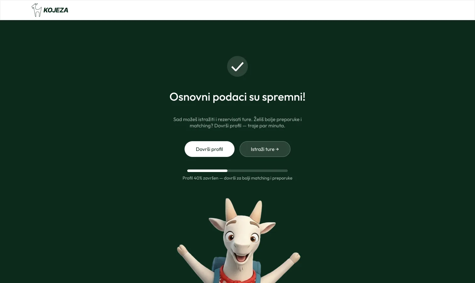 Onboarding hub: basic details ready, finish profile or explore tours, 40% progress bar, goat mascot