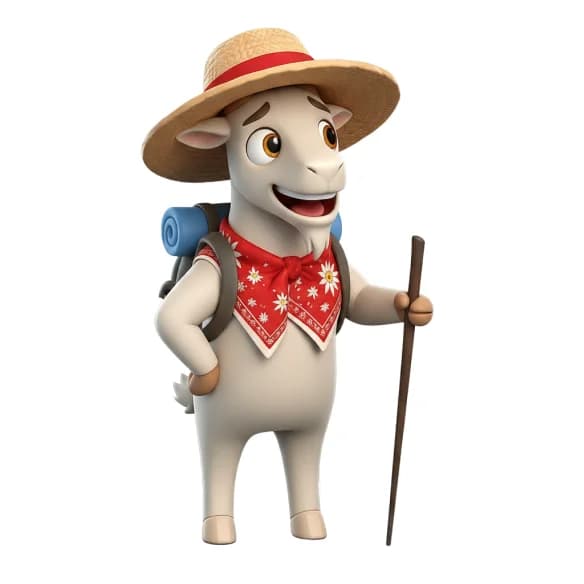 3D goat mascot as a hiker with straw hat, backpack and walking stick