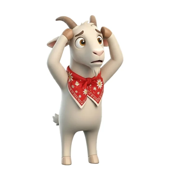 3D goat mascot scratching its head with both hooves