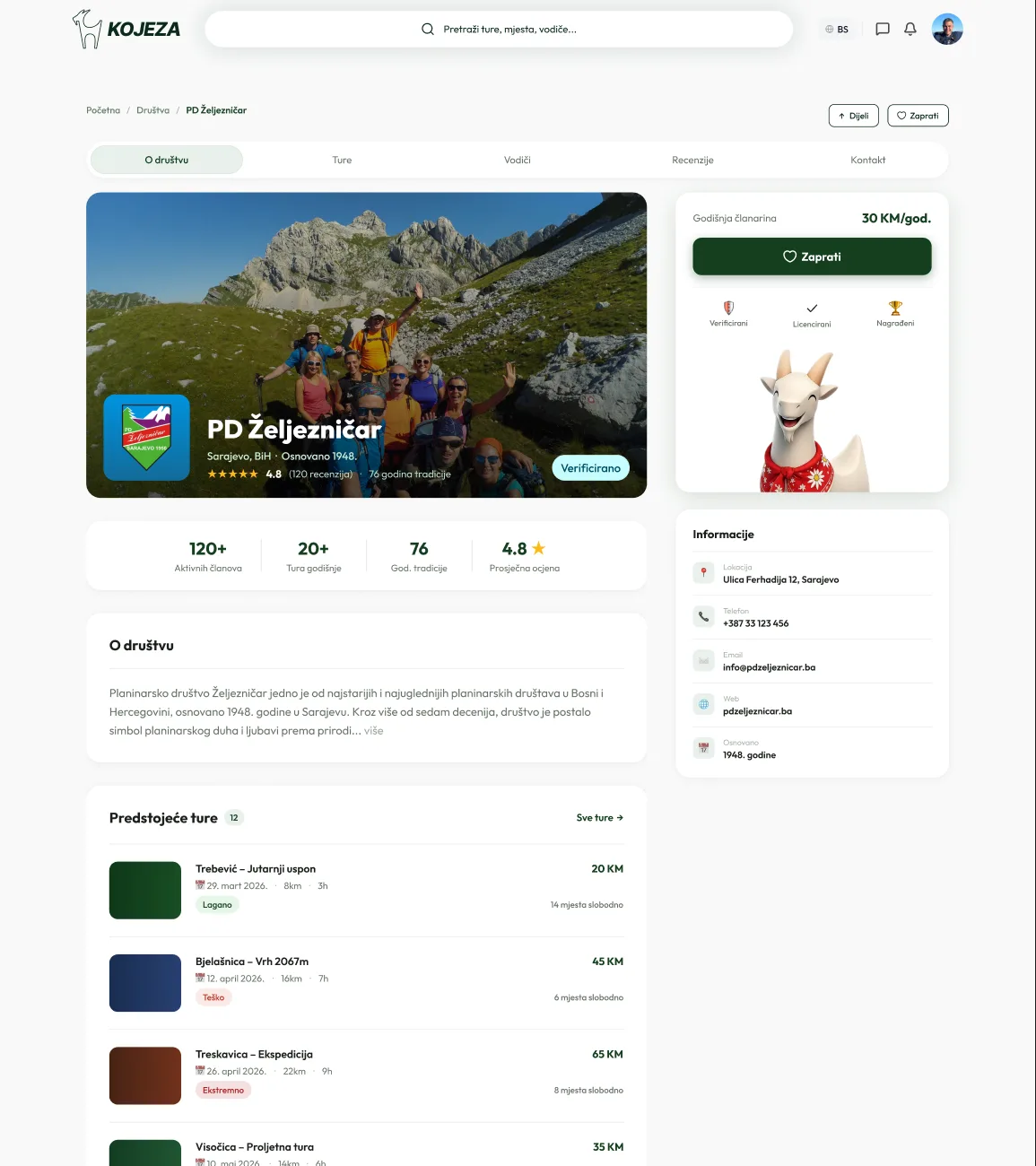 Mountaineering society profile with tours and reviews