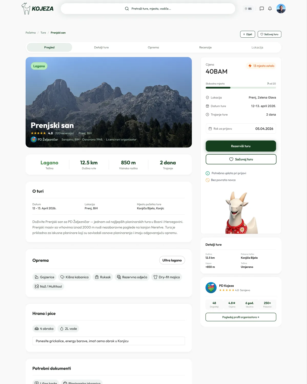 Tour detail page with gallery, stats and booking card