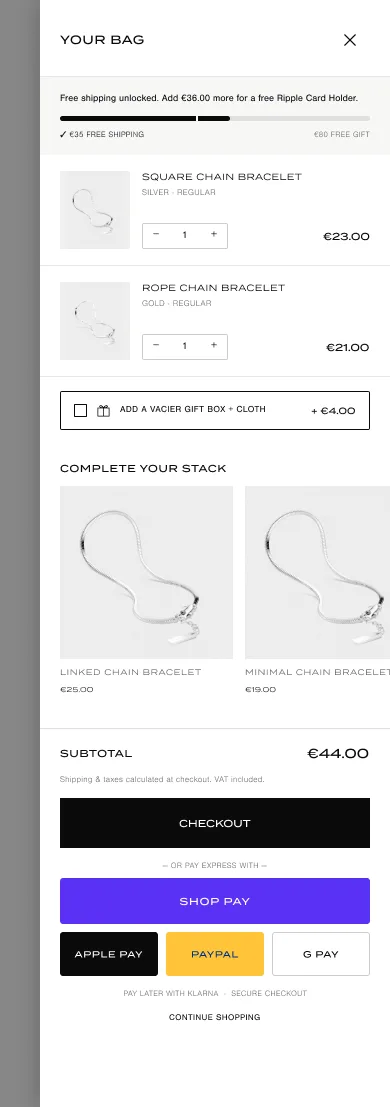Optimized cart drawer with free shipping progress, cross-sell and express checkout
