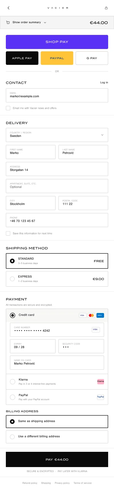 Single-page mobile checkout