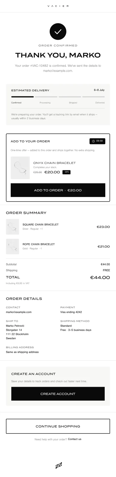 Order confirmation with delivery tracker and post-purchase upsell