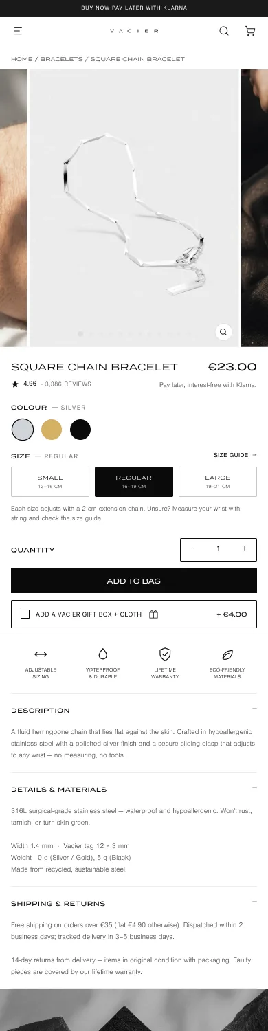 Vacier bracelet product page with colour and size selectors