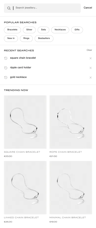 Search overlay with popular searches and trending products