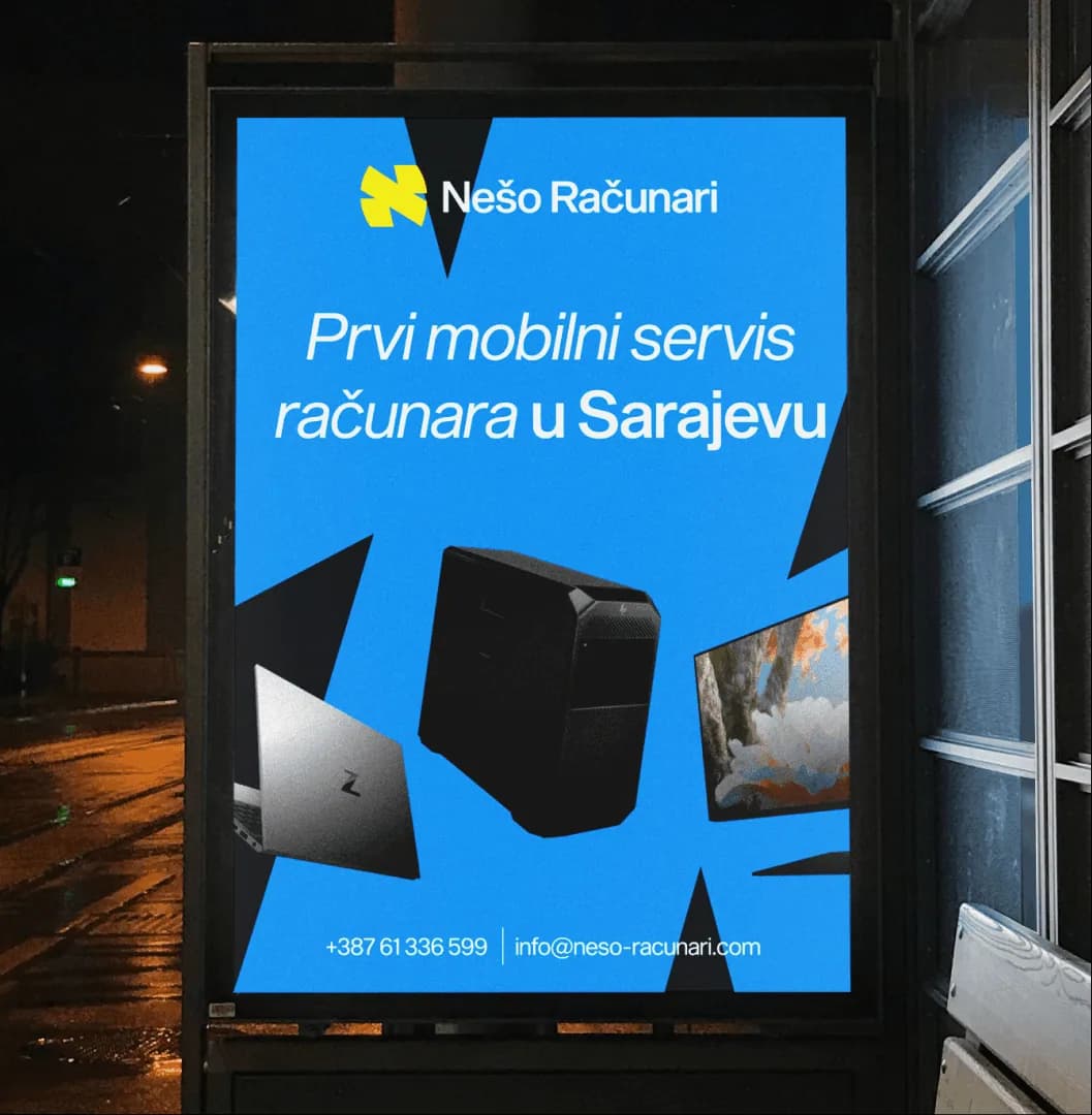 Bus stop poster: the first mobile computer repair in Sarajevo