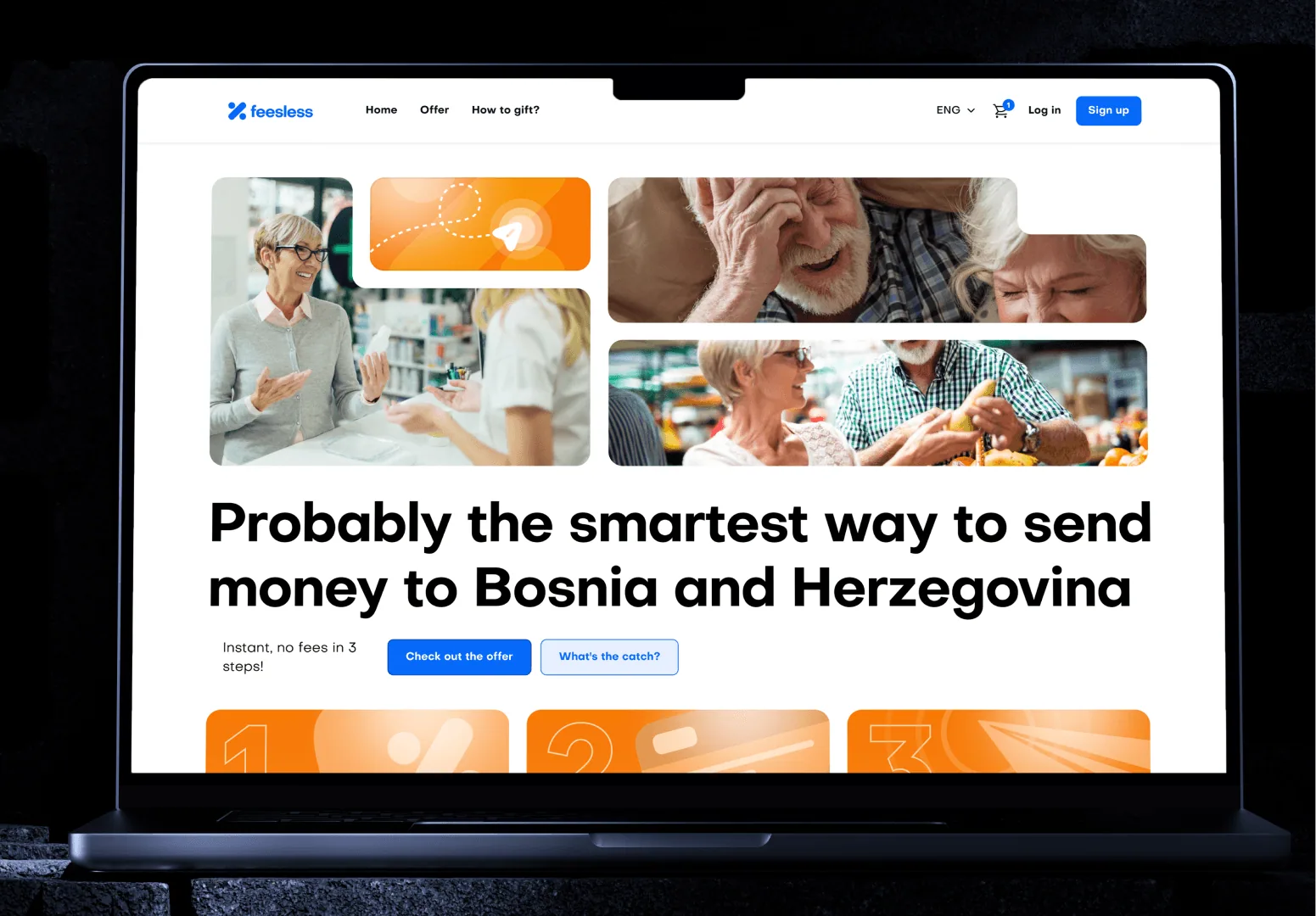 Feesless landing page on a laptop